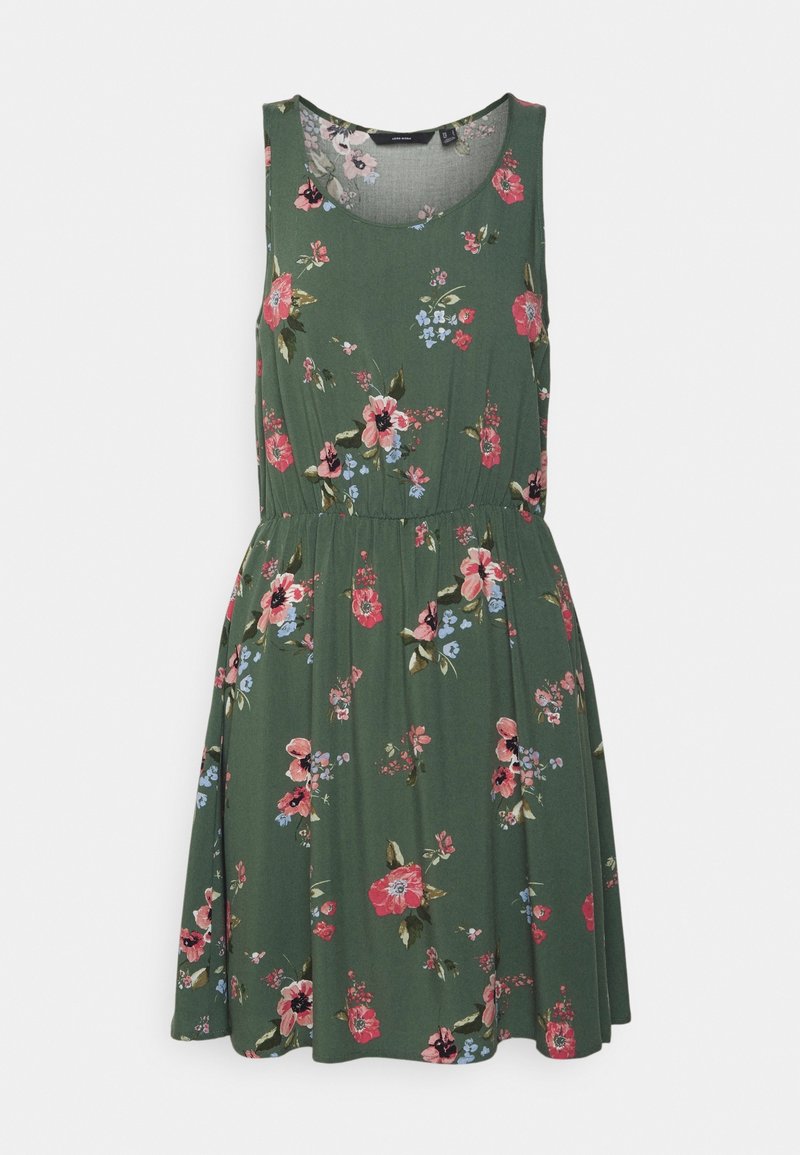 Robe verte sans manches avec taille froncée, imprimé floral rose, rouge, bleu et crème sur toute la surface.