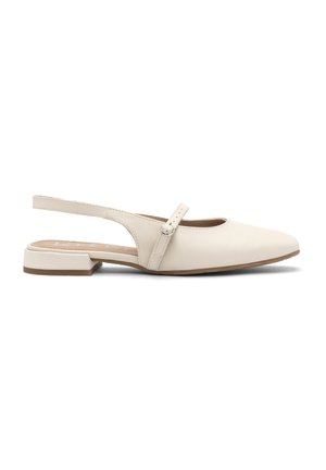 Scarpe flat slingback in pelle beige chiaro, con punta quadrata, cinturino regolabile e tacco basso a blocco. Texture liscia e design minimalista.