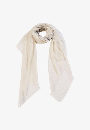 Letvægts, cremefarvet tørklæde lavet af blødt stof, med frynset kant og et diskret mønstret indre.