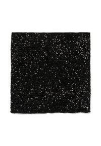 Parche de tela negra con una superficie texturizada cubierta de brillantes lentejuelas, creando un efecto brillante y reflejando la luz. Forma cuadrada.