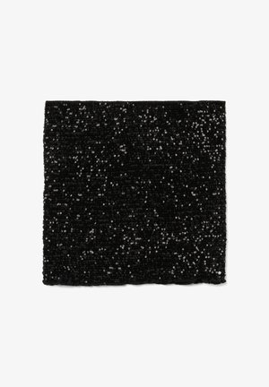 Parche de tela negra con una superficie texturizada cubierta de brillantes lentejuelas, creando un efecto brillante y reflejando la luz. Forma cuadrada.