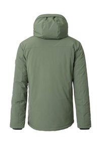 Padded jacket in olive green, featuring a fitted hood, a smooth textured exterior, and elastic cuffs with a clean, minimalist design.