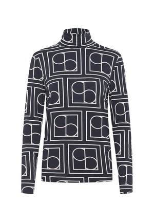 Tumesinine käeulatuses kitsas kaelusega ülaosa, millel on geomeetriline valge mustriga omavahel põimuvad ringid ja ruudud. Valmistatud siledast, venivast kangast.