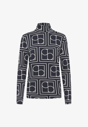 Tmavomodrý rolák s geometrickým bielym vzorom prepletených kruhov a štvorcov. Vyrobený z hladkej, elastickej látky.