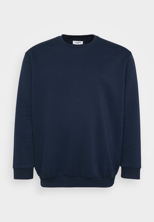 Marineblaues Sweatshirt aus weichem Baumwoll-Mix, mit Rundhalsausschnitt, langen Ärmeln sowie gerippten Bündchen und Saum. Minimalistisches Design ohne Muster.