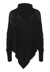Poncho nero a maglia con collo alto e motivi a coste diagonali. Presenta una vestibilità ampia e un'orlo asimmetrico. La texture appare morbida.