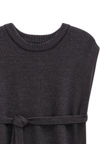 Dark gray knitted garment with a round neckline and wide armholes. Features a fabric belt tied at the waist, textured surface.