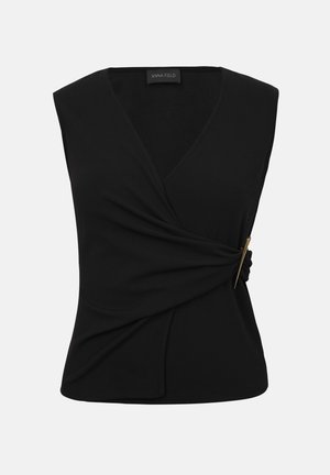 Μαύρο αμάνικο τοπ τύπου wrap με V-λαιμόκοψη και χρυσή αγκράφα στο πλάι, με διακριτικό ριπτό ύφασμα.