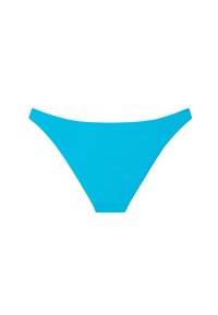 Bañador de bikini azul, con un diseño de talle bajo y canalé. Presenta una cobertura mínima y bordes suaves para una forma estilizada.