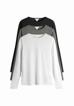 Drei Langarm-T-Shirts in Schwarz, Grau und Weiß. Hergestellt aus weicher Baumwolle, mit Rundhalsausschnitt und lässiger Passform.