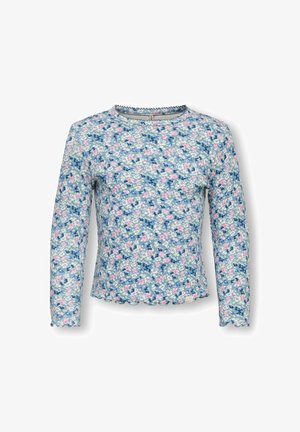 Lange mouwen bloemen top van zachte stof. Blauwe achtergrond met roze en witte bloemen. Ronde halslijn en gegolfde zoom.