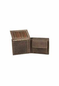 Brown leather wallet featuring multiple card slots, a cash compartment, and a transparent picture slot with a striped fabric backing.
