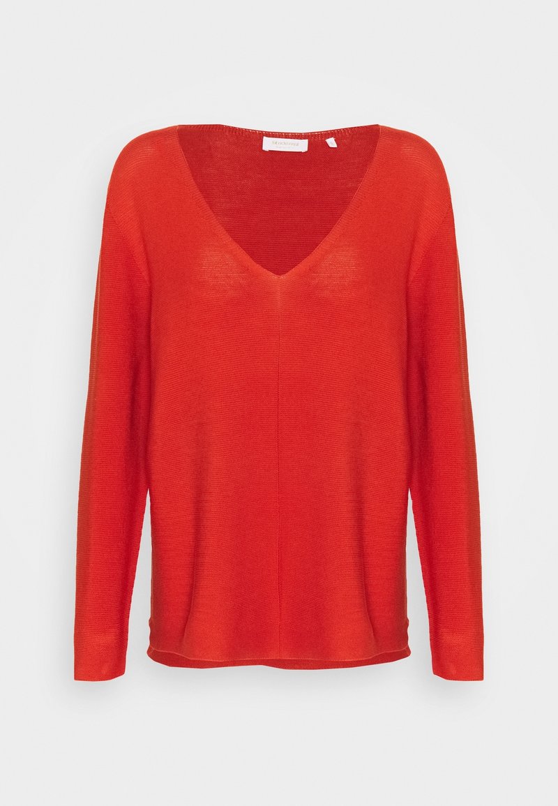 Roter V-Ausschnitt-Pullover mit langen Ärmeln, aus leichtem Strickstoff gefertigt; bietet eine lockere Passform und eine glatte, leicht strukturierte Oberfläche.