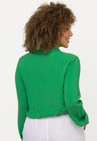 Grüne, langärmlige Bluse mit hemdenartigem Kragen und einem kurzen Design, aus glattem, leichtem Stoff und mit einer leicht taillierten Taille.