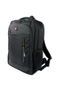 Un sac à dos noir en tissu durable, doté de plusieurs compartiments zippés, d'une surface texturée et de bretelles rembourrées et réglables.