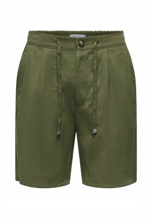 Neformálne šortky olivovo zelenej farby s predným gombíkom, šnúrkou v páse, bočnými vreckami a jemnými prednými záhybmi.