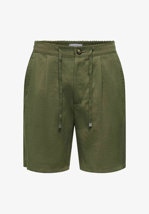 Neformální olivově zelené šortky s předním zapínáním na knoflík, stahovací šňůrkou v pase, bočními kapsami a jemnými předními sklady.