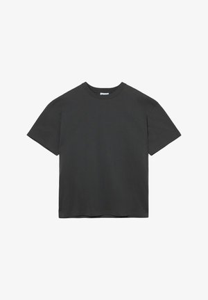 Kurzarm-T-Shirt aus dunkelgrauer Baumwolle mit Rundhalsausschnitt, lockerem Schnitt und glatter Textur; keine Muster oder Akzente.