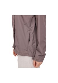 Grey outdoor jacket with a smooth synthetic texture, zippered pockets, adjustable drawstring at the waist, and buttoned cuffs.