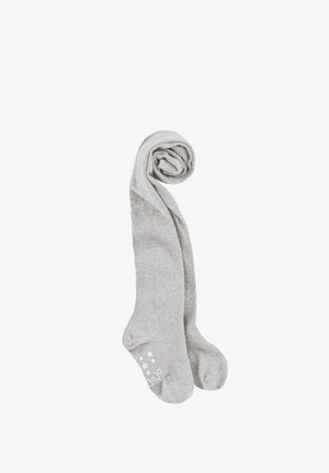 Sive nogavice iz mehkega materiala, ki se ponašajo z gladko teksturo, zvitim dizajnom in dekorativnim vzorcem zvezd na dnu.