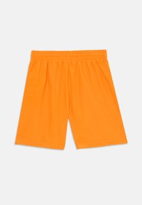 Orangene Shorts aus glattem Stoff, mit einem elastischen Bund und einer lockeren Passform, sauber genäht und ohne sichtbare Muster.