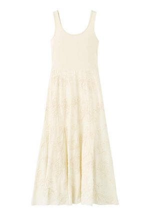 Kremowa sukienka bez rękawów z okrągłym dekoltem, zdobiona kwiatowym haftem na spódnicy, o luźnym kroju w kształcie litery A.