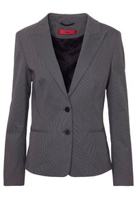 Blazer gris à carreaux avec deux boutons devant, revers crantés et deux poches latérales. Doublure noire et motif texturé subtil sur l'ensemble.