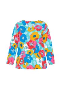 Langærmet bluse med et blomsterprint i pink, blå, gul og hvid på en turkis baggrund. Blødt stof med en afslappet pasform.