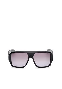 Ochelari de soare negri cu lentile rectangulare supradimensionate, nuanță gradient și accente metalice gri pe tempie. Finisaj mat neted.