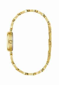 Montre dorée avec un cadran ovale élégant et un bracelet à maillons, présentant une finition polie et une couronne ronde sur le côté.