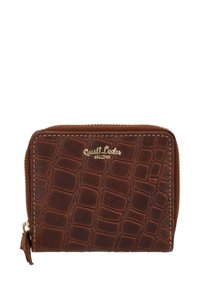 Brown leather zip wallet with a crocodile pattern, gold logo detail, and tan stitching. Features a zip closure and a small leather pull tab.