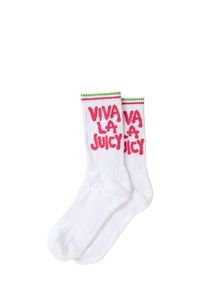Chaussettes en coton blanc avec une texture côtelée, présentant l'inscription rose "VIVA LA JUICY" et des rayures vertes en haut. Design longueur cheville.