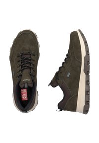 Dark green suede hiking shoes with black laces, textured mesh accents, and a beige rubber sole. Features a logo detail on the side.