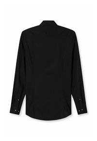 Schwarzes Langarmhemd mit klassischem Kragen, glatter Textur und abgerundetem Saum. Verfügt über geknöpfte Manschetten und ein einfaches, elegantes Design.