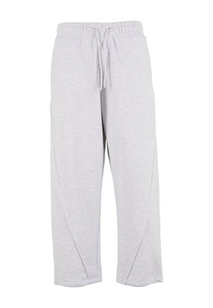 Pantaloni de trening gri deschis, cu o croială lejeră, talie elastică și șnur reglabil. Fabricat dintr-un material moale și texturat, cu șlițuri laterale.