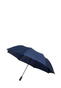 Ombrello blu navy con una copertura arrotondata, materiale in tessuto e manico in plastica nera. Presenta un design elegante e compatto con stecche in metallo.