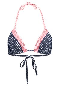 Bikini-toppi, jossa on tummansinisiä pilkkuja ja punavalkoisia raidallisia yksityiskohtia. Sidotaan selästä ja siinä on halterneck-muotoilu. Sileä kangas.