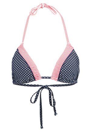 Bikini vrch s tmavomodrými bodkami a červenobielymi pruhovými akcentmi. Zaväzuje sa na zadnej strane s dizajnom na krk. Hladká textura látky.