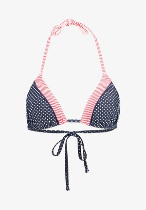 Bikini-Oberteil mit dunkelblauen Punkten und rot-weiß gestreiften Akzenten. Befestigung am Rücken mit einem Halterneck-Design. Glatte Stoffoberfläche.