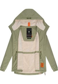 Veste vert clair avec un intérieur beige doux. Comprend une capuche à cordon, une fermeture éclair et des étiquettes intérieures avec des accents à motifs.