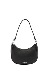 Černá kožená taška přes rameno se zaobleným designem, jedním popruhem na rameno a stříbrným kováním. Obsahuje zipové uzavření a logo detail na přední straně.