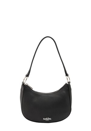 Sort læderhåndtaske med et afrundet design, enkelt skulderrem og sølvhardware. Har lynlås lukning og logo detalje foran.