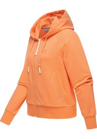 Oranžová mikina na zips vyrobená z mäkkého materiálu, vybavená kapucňou so šnúrkou, prednými vreckami, rebrovanými manžetami a logom na hrudi.