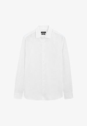 Camicia da uomo bianca a maniche lunghe con colletto classico e chiusura frontale con bottoni, etichettata Massimo Dutti.