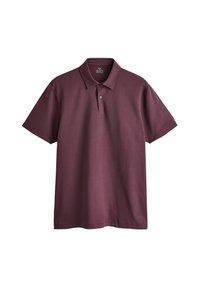Polo homme à manches courtes violet foncé avec une patte à deux boutons et un col à coupe classique.