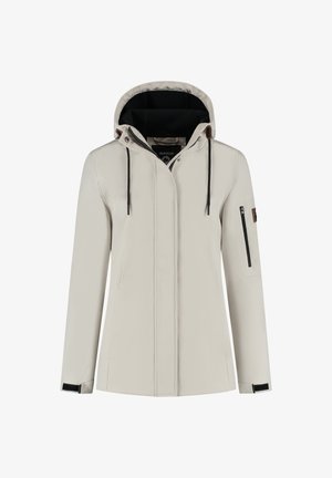 Lichtgrijze waterdichte jas met een capuchon, verstelbare trekkoorden, twee voorzakken en een ritszak op de mouw. Kenmerkt zich door zwarte accenten.