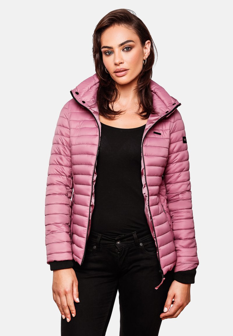 Padded puffer jacket in light pink with a high collar, zippered front, and black accents. Features ribbed cuffs and a fitted design.