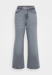 Grå denim vide buks med høj talje, fem lommer og subtilt falmet struktur. Har synlige syninger og en knaplukning.
