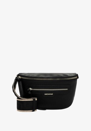 Sort lædertalje taske med to sølv lynlåse og sort-beige justerbar rem, mærket "EMILY & NOAH" på frontlommen.