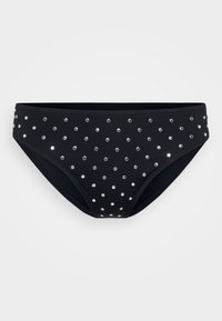 Bas de bikini noir avec des clous argentés disposés en motif de pois. Fabriqué en tissu lisse et extensible avec une coupe classique.